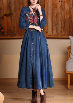 Unique Navy V Neck Embroidered Patchwork Maxi Denim Dress Long SleeveFabric: Cotton BlendedSize & Fit: Fit: This garment fits true to size.Length: Size M measures 46.8"from shoulder to hemBust: Great for any cup size. Waist: Loose Fit. Comfortable room throughout midsection.Hip: Loose Fit - room for hips. Hand Wash Cold. Embroidered Bohemian Denim Dress, Spring Patchwork Denim Dress In Medium Wash, Spring Medium Wash Patchwork Denim Dress, Spring Patchwork Medium Wash Denim Dress, Long Sleeve Bohemian Denim Dress, Bohemian Long Sleeve Cotton Denim Dress, Bohemian Long Sleeve Denim Dress, Bohemian Long Sleeve Denim Blue Dress, Bohemian Long Sleeve Denim Dress For Spring