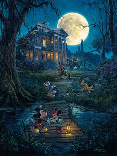 mickey and minnie mouses picnic in front of a house at night