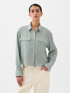 Linen Cropped Shirt | Gap Gap Linen Summer Shirt, Spring Linen Shirt By Gap, Gap Linen Spring Shirt, Gap Linen Shirt For Spring, Gap Linen Shirt With Relaxed Fit, Gap Linen Button-up Shirt, Gap Relaxed Fit Linen Shirt, Casual Cropped Blouse With Button Cuffs, Gap Linen Tops For Workwear