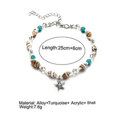 An original starfish anklet that you can wear during the summer, while at the same time you display your support and love for this unique animal. This is perfect for you, or as a gift for a loved one. Limited stock, get yours before they're gone Product details: Metal: Zinc Alloy + Turquoise + Shells + Acrylic Chain included: 9.84''+1.96'' White Starfish Anklets As Gift, White Starfish Anklets For Gift, Casual Star Jewelry For Summer, Casual Star-shaped Summer Jewelry, Casual Summer Star Shaped Jewelry, Starfish Charm Anklets For Beach Vacation, Starfish Charm Anklet For Vacation, Beach Jewelry With Adjustable Star Charm, Summer Bracelet With Starfish Charm