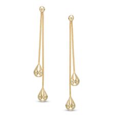 She'll adore the way these fashion drop earrings catch and reflect light with every turn. Crafted in rich 14K gold, each earring features a double strand that originates from a ball post setting and ends with a duo of shining teardrop-shaped dangles. Polished to a bright shine, these earrings secure comfortably with friction backs. Elegant Yellow Gold Drop Earrings, Gold Drop Linear Earrings For Evening, Gold Linear Drop Earrings For Evening, Gift Suggestions, Pocket Wallet, Mens Black Leather, Accessories Jewelry Earrings, Earring Backs, Teardrop Earrings