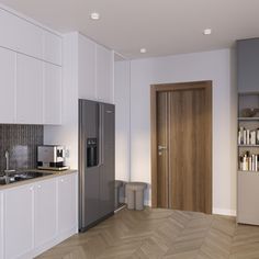 a modern kitchen with white cabinets and wood flooring