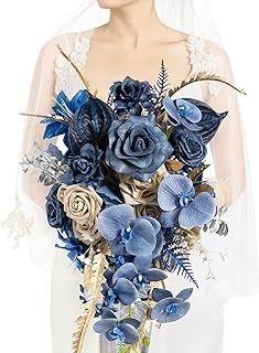 a bride holding a bouquet of blue flowers