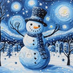 a painting of a snowman on a snowy night