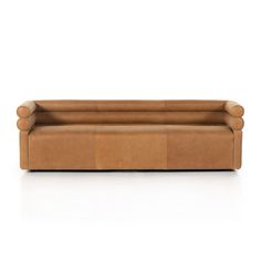 a brown leather couch with two arms and one arm extended to the side, on a white background