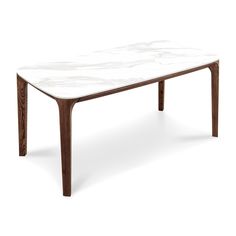 a white marble table with wooden legs on an isolated surface, viewed from the front