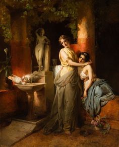 a painting of two women standing in front of a fountain