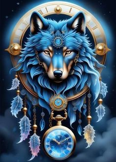 a blue wolf clock with feathers hanging from it's sides and the moon in the background