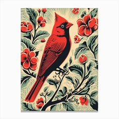 a red bird sitting on top of a tree branch next to some flowers and leaves