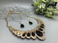 Navy Blue Crystal Rhinestone Necklace Earrings Set Lobster Claps Elegant Bridal Formal Shower Party Event Accessories New Comes in Gift Box as Shown #014 Black Rhinestone Jewelry For Wedding, Black Crystal Jewelry Sets For Wedding, Elegant Black Rhinestone Necklace For Wedding, Black Rhinestone Wedding Jewelry, Elegant Black Jewelry Sets For Festive Occasions, Jeweled Metal Jewelry Sets For Party, Costume Jewelry Sets With Bling For Parties, Elegant Party Jewelry Sets With Bling, Party Costume Jewelry Sets With Bling