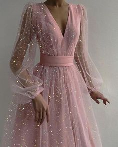 Long sleeve Sparkly Mesh V-neck Dress Chique Outfits, Pretty Prom Dresses, Fairytale Dress, Prom Outfits, Grad Dresses, Pink Midi Dress, Ball Gown Dresses, Looks Chic, Birthday Dresses