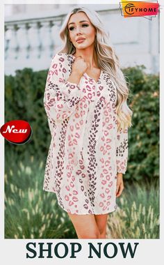 White Leopard V Neck Puffy Sleeve Dress Cute Long Sleeve Mini Dress For Fall, Cute Mini Dress For Fall, Cute Long Sleeve Mini Dress For Day Out, Cute V-neck Dresses For Fall, Pink Sleeveless Mini Dress For Fall, Cute Fall Mini Dress, Cute Fall Brunch Dresses, Cute Pink Mini Dress For Fall, Cute Daywear Dresses For Fall