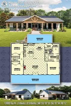 the floor plan for this ranch style home is shown in two different colors and sizes