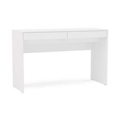 a white desk with two drawers on the top and one drawer at the bottom, in front of a white background