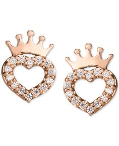 For princesses-in-training, these sparkly Disney heart and crown stud earrings with cubic zirconia accents. Rose Gold Heart Cut Earrings With Diamond Accents, Heart-shaped Rose Gold Earrings For Mother's Day, Valentine's Day Rose Gold Heart Earrings With Cubic Zirconia, Rose Gold Cubic Zirconia Heart Earrings For Valentine's Day, Rose Gold Heart Earrings With Diamond Accents, Heart Shaped Rose Gold Earrings With Diamond Accents, Heart-shaped Rose Gold Earrings With Diamond Accents, Rose Gold Sterling Silver Heart Earrings For Mother's Day, Rose Gold Heart Cut Earrings For Mother's Day