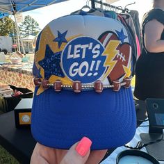 Blue/ Yellow Game Day Football Trucker Hat. Sports Trucker Hat, Mama Trucker Hat, Painted Trucker Hats, Trucker Hats With Patches, Junk Socks, Hat Bar, Game Day Football, Patch Hats, Custom Trucker Hats