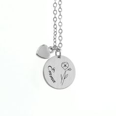 Treat her to a stylish and meaningful gift with our beautiful Personalised Birth Flower Brushed Heart and Disc Necklace. With its unique design, this necklace is perfect for any occasion. Whether you gift it to your mum this Mother’s Day, your girlfriend on Valentine’s or treat a loved one on their birthday, this outstanding piece of women’s jewellery will make the perfect gift for her. Personalise with your loved one’s name and their birth flower - both will be meticulously engraved onto the pendant by our personalisation exports - creating a truly one-of-a-kind gift that will hold real sentimental value to her. Alongside this will be a cute little heart pendant, representing your love - she’ll forever hold it close to her heart. Your necklace will come beautifully nestled inside in a sle Mother's Day Necklaces With Flower Pendant Charms, Mother's Day Flower Pendant Necklaces With Charms, Mother's Day Flower Pendant Necklace With Charms, Mother's Day Jewelry With Heart Charm And Flower Shape, Mother's Day Flower Charm Pendant Necklace, Mother's Day Flower Charm Round Pendant Necklace, Mother's Day Flower Jewelry With Heart Charm, Mother's Day Flower Shaped Jewelry With Heart Charm, Flower Charm Pendant Necklace As Gift