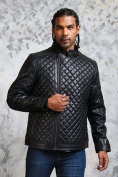 Men's Black Quilted Jacket in Real Leather Men’s diamond quilted jacket is made from finest quality genuine Leather. This padded jacket features quilted pattern on its exterior and sleeves with zipped closure, snap-button collar and comfort inner lining. This leather biker jacket also includes functioning side zipper pockets. This black quilted jacket is not only voguish but also exceedingly comfortable & well-constructed lasting you for all the seasonal changes coming your way Outfit Type: Bike Luxury Black Quilted Jacket For Winter, Classic Diamond Quilted Jacket For Winter, Classic Winter Quilted Jacket With Diamond Quilting, Black Quilted Leather Jacket For Winter, Classic Quilted Leather Jacket For Winter, Black Quilted Biker Outerwear, Luxury Quilted Black Leather Jacket, Luxury Quilted Leather Jacket With Long Sleeves, Quilted Leather Jacket