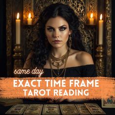 a woman sitting at a table with tarot cards in front of her and the words some day exact time frame tarot reading