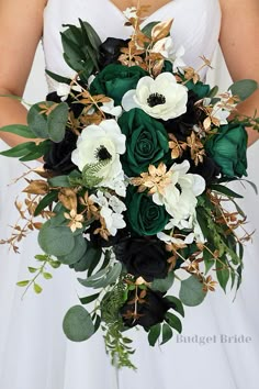 a bridal bouquet with black and white flowers