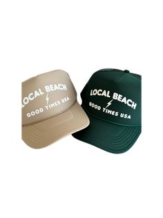 Local Beach Good Times USA Trucker Hat Beach days are the best days! This his or hers trucker is part of our Timeless Summer Collection. Cute and perfect for your next day in the sun. So light, medium profile and a perfect addition to your growing hat collection. 5 Panel Foam Mesh Back Trucker, Pro Style Adult Sizing 100% Poly Foam Front, 100% Nylon Back Summer Trucker Hat With 5-panel Design, Summer Trucker Hat In 5-panel Style, Summer Trucker Hat 5-panel Style, Summer Trucker Hat 5-panel, Summer Trucker Hat With Flat Brim, Summer Lightweight 5-panel Baseball Cap, Spring Beach Trucker Hat, 5-panel, Summer Trucker Hat With Curved Bill, Trendy Trucker Hat With Curved Bill For Beach