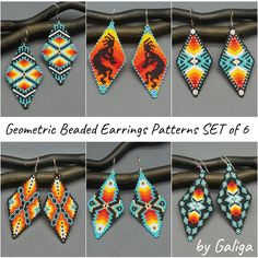 the beaded earrings pattern set is shown in six different colors and sizes, including oranges