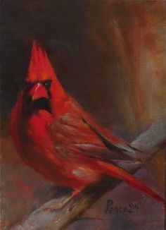 a painting of a red cardinal sitting on top of a tree branch in front of a dark background