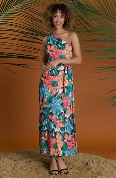 Bring the garden to the party in this flower-powered maxi cut to showcase one shoulder. 50" center front length (size 8) Hidden side-zip closure One-shoulder neck Lined 100% polyester Machine wash, line dry Imported Party Maxi Dress With Floral Print And Asymmetrical Neckline, One-shoulder Floral Maxi Dress For Party, Party One-shoulder Maxi Dress With Floral Print, One-shoulder Maxi Dress For Garden Party, One Shoulder Maxi Dress For Beach, One Shoulder Sleeveless Floral Dress For Beach, Beach One-shoulder Maxi Dress, Summer Floral Print One Shoulder Maxi Dress, Sleeveless One Shoulder Floral Dress For Vacation