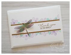 a thank you card with a dragonfly on the front and purple flowers on the back