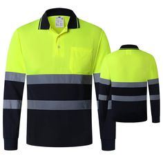 PRICES MAY VARY. ★Material:Safety long sleeve reflective shirts are made with 100% high visibility polyester,treated with moisture wicking,sweat wicking ,breathable ,quick dry ,visible ,lightweight and comfortable . ★Contrast Rib collar you can put up to keep sun off your neck; CONTRAST Navy Bottom to Help Hide Wear and Dirt &Trim Three Button Placket & One chest pocket. ★Underarm Vents:Keep breathable and cooling when work in hot weather. ★Reflective in Day&Night:Highly Reflective Strips wrap a Safety Work, Fluorescent Yellow, Protective Clothing, Find People, Work Safety, Work Shirt, Branded Shirts, Work Shirts, Hot Weather