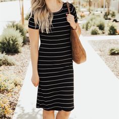 Striped Tee Dress Spring Everyday Mini Dress, Everyday Spring Mini Dress, Casual Striped Short Sleeve Midi Dress, Casual Everyday Mini Dress, Casual Black Spring Dresses, Casual Black Midi Dress For Day Out, Casual Black Dress For Day Out, Casual Summer Midi Dress For Everyday, Chic Spring Dress For Everyday