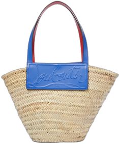 Louboutin Online, Woven Raffia, Silver Tops, Embossed Logo, Color Names, Bright Blue, Straw Bag, Calf Leather, Calf Skin