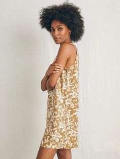 Carini Dress - Bronze Sky Coast Floral | Faherty Brand Relaxed Fit Dress For Daytime Summer, Casual Beige Printed Mini Dress, Printed Linen Beach Dresses, Summer Mini Dress With Relaxed Fit For Brunch, Summer Printed Cotton Mini Dress, Relaxed Fit Mini Dress For Summer Brunch, Summer Brunch Mini Dress With Relaxed Fit, Breezy Cotton Sundress For Daytime, Beach Cotton Mini Dress With Print