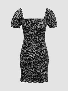 a black and white floral print dress with puff sleeves Casual Midi Dress With Square Neck For Night Out, Black Non-stretch Midi Dress For Date Night, Fitted Cotton Black Dress, Trendy Black Square Neck Dress, Fitted Black Cotton Dress, Fitted Cotton Midi Dress For Date Night, Black Square Neck Cotton Mini Dress, Black Cotton Midi Dress With Square Neck, Black Cotton Mini Dress With Square Neck