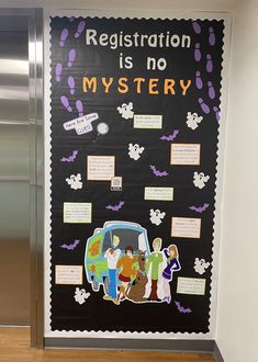 a bulletin board is decorated with people in costumes and words that read registration is no mystery