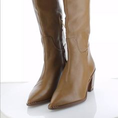 Sam Edelman Pointy Knee Boots Cognac Color New With Minor Defects Size 7.5 Cognac Boots With Reinforced Heel And Almond Toe, Cognac Leather Pointed Toe Boots, Cognac Leather Boots With Pointed Toe, Cognac Almond Toe Boots With Reinforced Heel, Brown Heeled Boots With Leather Lining And Almond Toe, Beige Calf Leather Boots With Reinforced Heel, Beige Calf Leather Boots With Leather Sole, Brown Calf Leather Boots With Heel Tab, Brown Leather Boots With Pointed Toe