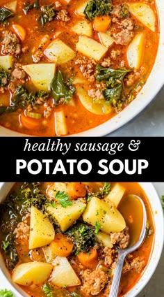 two bowls of healthy sausage and potato soup