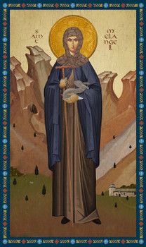 an icon of st john the baptist with mountains in the background and blue border around it