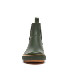 Slide on Rainbow, a slick green women's Chelsea boot with a treaded sole and pop of orange color along the footbed. Perfect for rainy days calling for a modern look. Rocket Dog women's rain boot Olive green rubber upper with orange stripes on footbed Heel loop for easy on and off Treaded sole Rubber surrounding footbed Round toe Ankle rise shaft Casual Green Slip-resistant Rain Boots, Casual Green Waterproof Boots For Fall, Green Boots For Outdoor Activities In Fall, Green Boots For Outdoor Use In Fall, Green Boots For Outdoor Wear In Fall, Green Outdoor Boots With Lug Sole, Green Weatherproof Rain Boots For Fall, Green Insulated Waterproof Boots With Round Toe, Green Rubber Sole Rain Boots For Outdoor