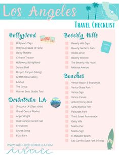 the los angeles travel checklist is shown in pink and blue, with palm trees