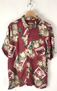 "-Description- >men's floral pineapple Honolulu hawaiian shirt >button front >collared >open pocket on the front >size XL >material is heavier/thicker - not a super lightweight shirt >awesome hawaiian shirt! >condition: great >color(s): red, brown, green >fabric(s): 100 rayon >brand: caribbean joe >care: machine wash -Measurements- >size: XL ✩ all measurements are taken with the item laying flat & some sizes are estimates so please check measurements ✩ Pineapple Palm Tree, Vintage Hawaiian Shirts, Honolulu Hawaii, Vintage Hawaiian, Fish Print, Island Style, Hawaii Shirt, Mens Oxfords, Shirt Button