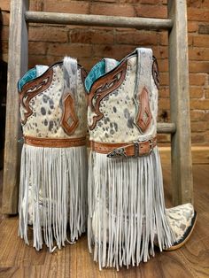 Corral Women's Fringed White Hair-On Hide Cowgirl Boots C4081 | Painted Cowgirl Western Store Western Boots With Tassels And Round Toe, White Western Boots For Country Events, White Country Boots For Ranch, White Country Style Boots For Ranch, Western Festival Boots With Tassels, Western Boots With Tassels For Festival, Leather Fringe Boots For Rodeo, Vamp Hair, Western Boutique Ideas