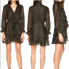 Gorgeous Black And Gold Shirt Dress With Ruffles And Tie At Waist From Bardot! New With Tags Long Sleeve Polka Dot Dress For Night Out, Polka Dot Dresses For Night Out In Fall, Polka Dot Dress For Night Out In Fall, Polka Dot Long Sleeve Dress For Night Out, Polka Dot Mini Dress For Fall Party, Polka Dot Long Sleeve Mini Dress For Party, Polka Dot Long Sleeve Mini Dress For Night Out, Gold Dress Shirt, Black And Gold Shirt