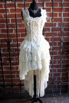 Shrine of Hollywood PARIS CABARET DRESS - IVORY TAFFETA Lace Overbust Corset With Corset Back, Lace Overbust Corset With Boned Bodice, Gothic Lace Corset With Fitted Bodice, White Lace Overbust Corset Dress, Lace Overbust Corset For Costume Party, Steampunk Lace Fitted Corset Dress, Fitted Lace Steampunk Corset Dress, Lace Sleeveless Corset For Costume Party, White Lace Corset Dress With Corset Back