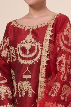 Maroon kurta with aari thread embroidered elephant motifs and sequin embellishments. Comes with salwar and dupatta. - Aza Fashions Embroidered Slub Silk Kurta For Wedding, Embroidered Raw Silk Palazzo Set For Festivals, Traditional Slub Silk Palazzo Set With Resham Embroidery, Festive Embroidered Slub Silk Palazzo Set, Ceremonial Slub Silk Kurta For Diwali, Embroidered Raw Silk Palazzo Set For Transitional Season, Festive Embroidered Chanderi Palazzo Set, Slub Silk Kurta For Ceremonial Festivals, Ceremonial Slub Silk Kurta For Festivals