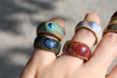 handmade ceramic rings I love rings!! So I make a lot of rings for myself. this is a batch of rings freshly fired with some new clay and glazes i'm trying out, I love the way they fired! red clay fired to cone 5 each is double or triple dipped during glazing process, creating beautiful glaze combo and depth in color these are roughly size 4.5 **due to alteration during firing, these are not perfect circles, sizing may be a little off** I also have other sizes in my shop, each ring is one of a ki Blue Color Combo, Colorful Rings, Porcelain Rings, Ceramic Accessories, Ceramics Rings, Ceramics Jewelry, Ceramic Ring, Clay Ring, Clay Rings