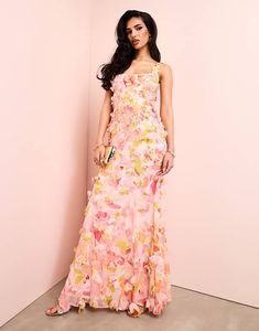 ASOS LUXE 3D floral ruffle maxi dress with tie back in floral print | ASOS Colourful Closet, Guest Ideas, Cocktail Dress Formal, Ruffle Maxi Dress, Embellished Denim, Spring Floral Dress, Winter Party Dress, Design Square, Print Trends