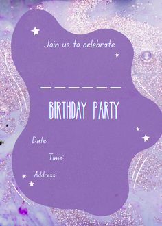 a purple birthday party card with stars on it