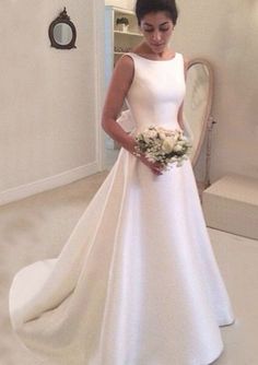 A-line Satin Court Train Sleeveless Bateau V Back Bridal A Line Backless Wedding Dress, Boat Neck Wedding Dress, Sweep Train Wedding Dress, A Line Bridal Gowns, Bow Wedding Dress, Back Wedding Dress, Wedding Dresses Satin, Backless Wedding, Bateau Neck