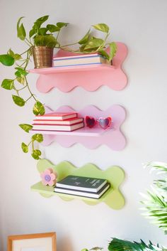 three shelves with plants and books on them